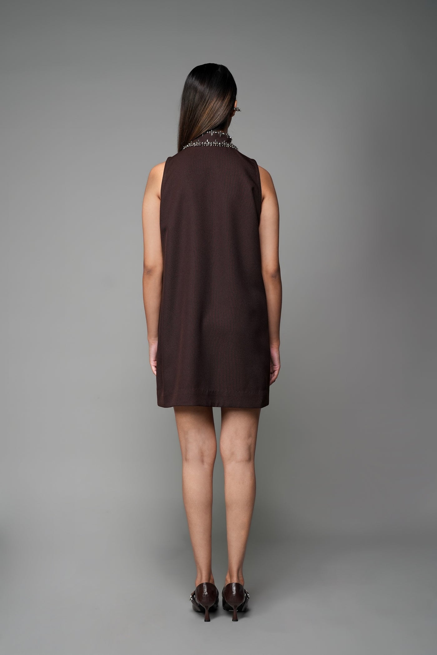 ROSANI The Rift dress in mocha - A-line dress with oversized embellished collar, back view