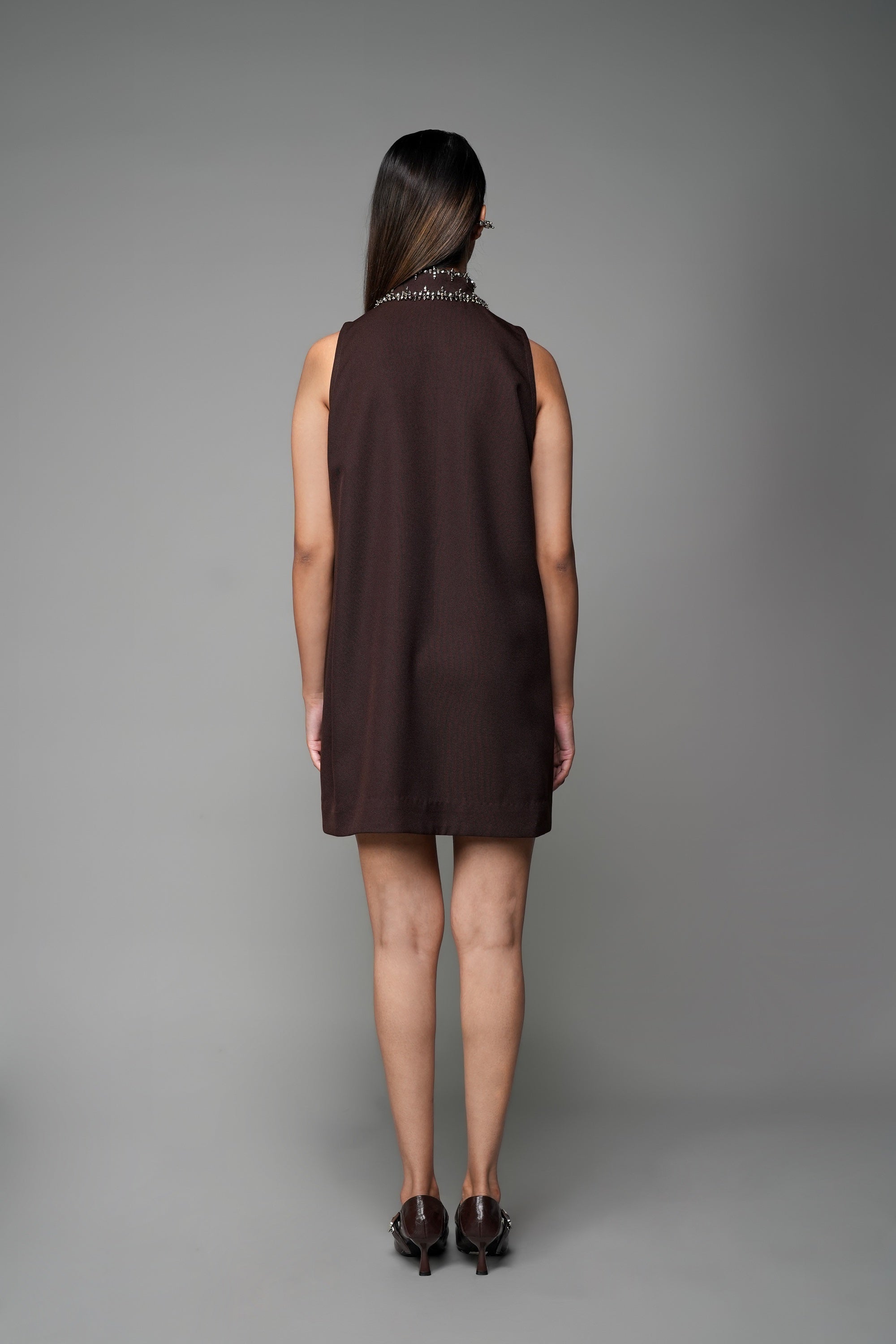 ROSANI The Rift dress in mocha - A-line dress with oversized embellished collar, back view