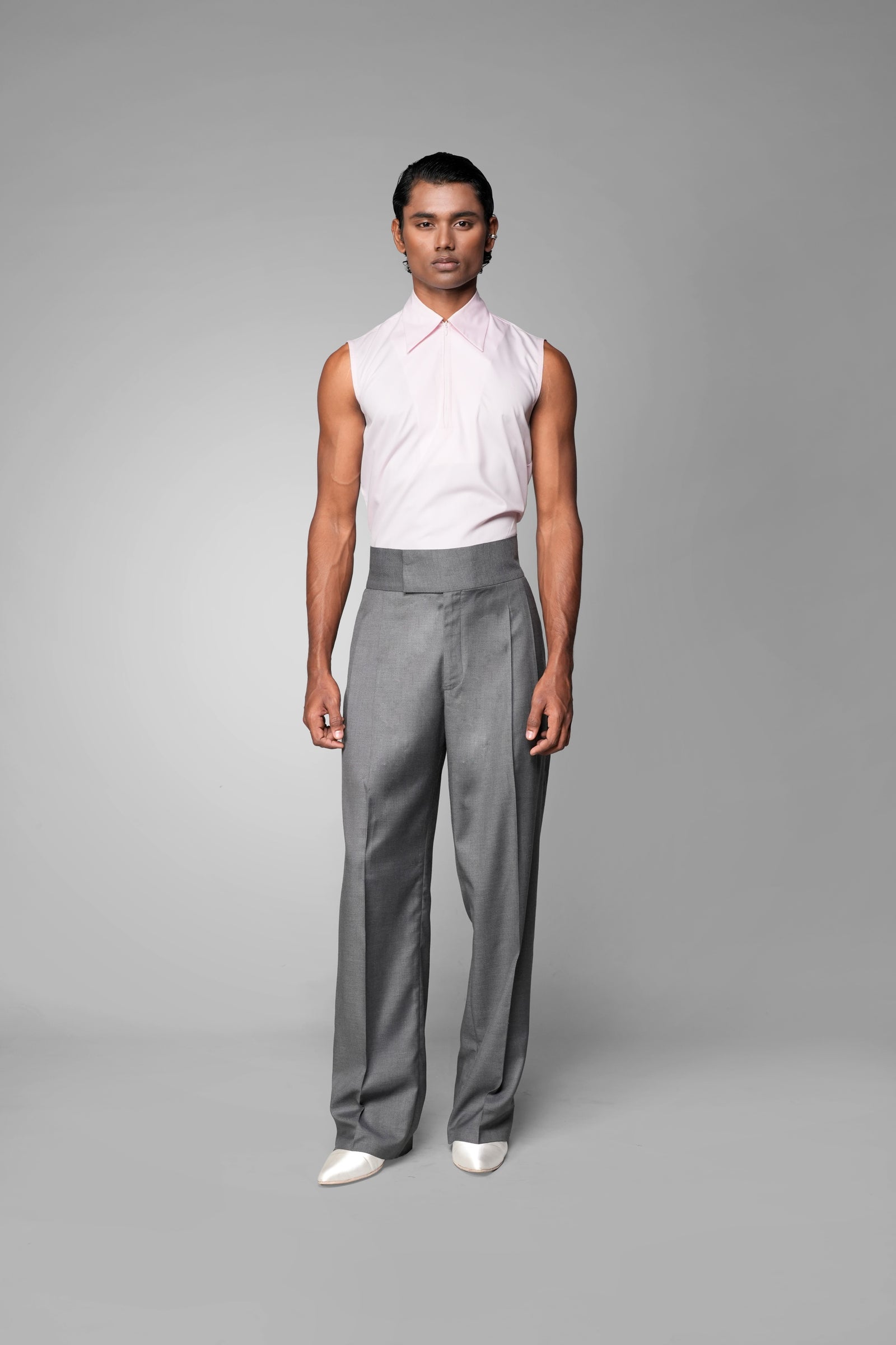 ROSANI The Root shirt in pink - sleeveless vest with deep apple-cut hem and front invisible zip, front view