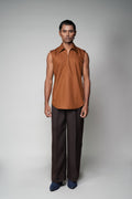 ROSANI The Root shirt in rust - sleeveless vest with deep apple-cut hem and front invisible zip, front view