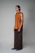 ROSANI The Root shirt in rust - sleeveless vest with deep apple-cut hem and front invisible zip, front side view