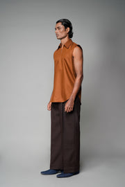 ROSANI The Root shirt in rust - sleeveless vest with deep apple-cut hem and front invisible zip, front side view