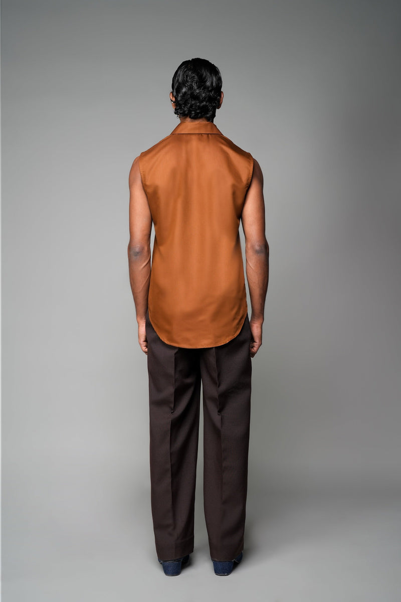 ROSANI The Root shirt in rust - sleeveless vest with deep apple-cut hem and front invisible zip, side view