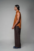 ROSANI The Root shirt in rust - sleeveless vest with deep apple-cut hem and front invisible zip, back view