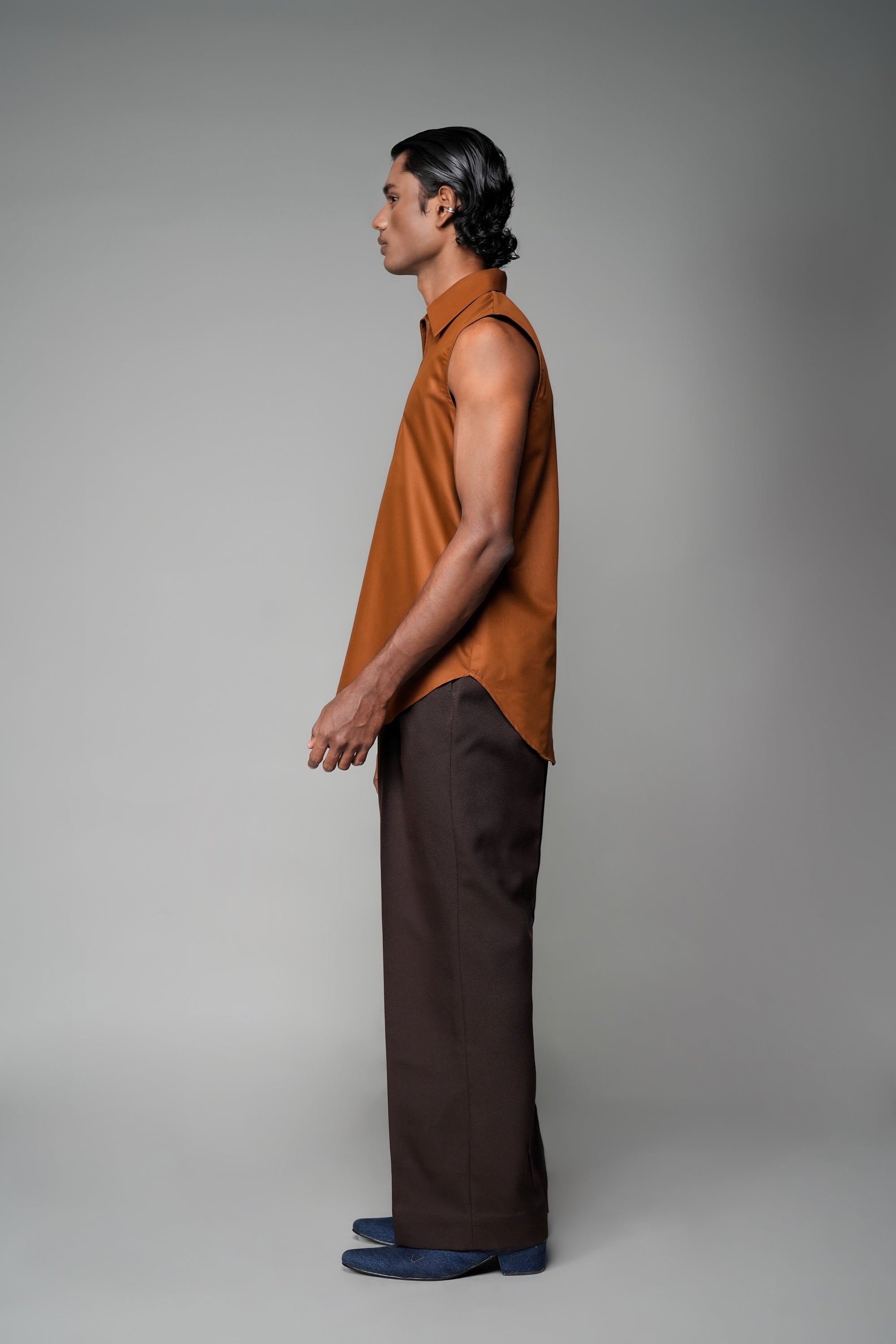 ROSANI The Root shirt in rust - sleeveless vest with deep apple-cut hem and front invisible zip, back view