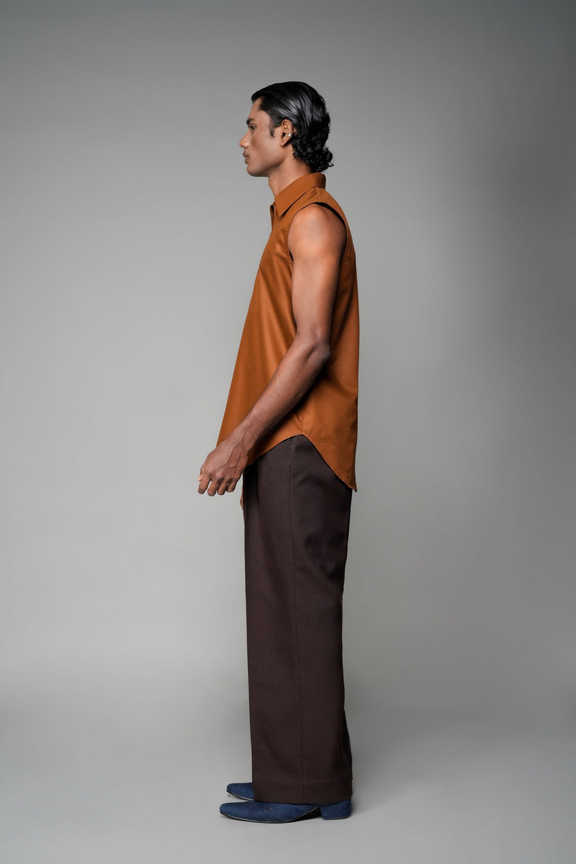 ROSANI The Root shirt in rust - sleeveless vest with deep apple-cut hem and front invisible zip, back view