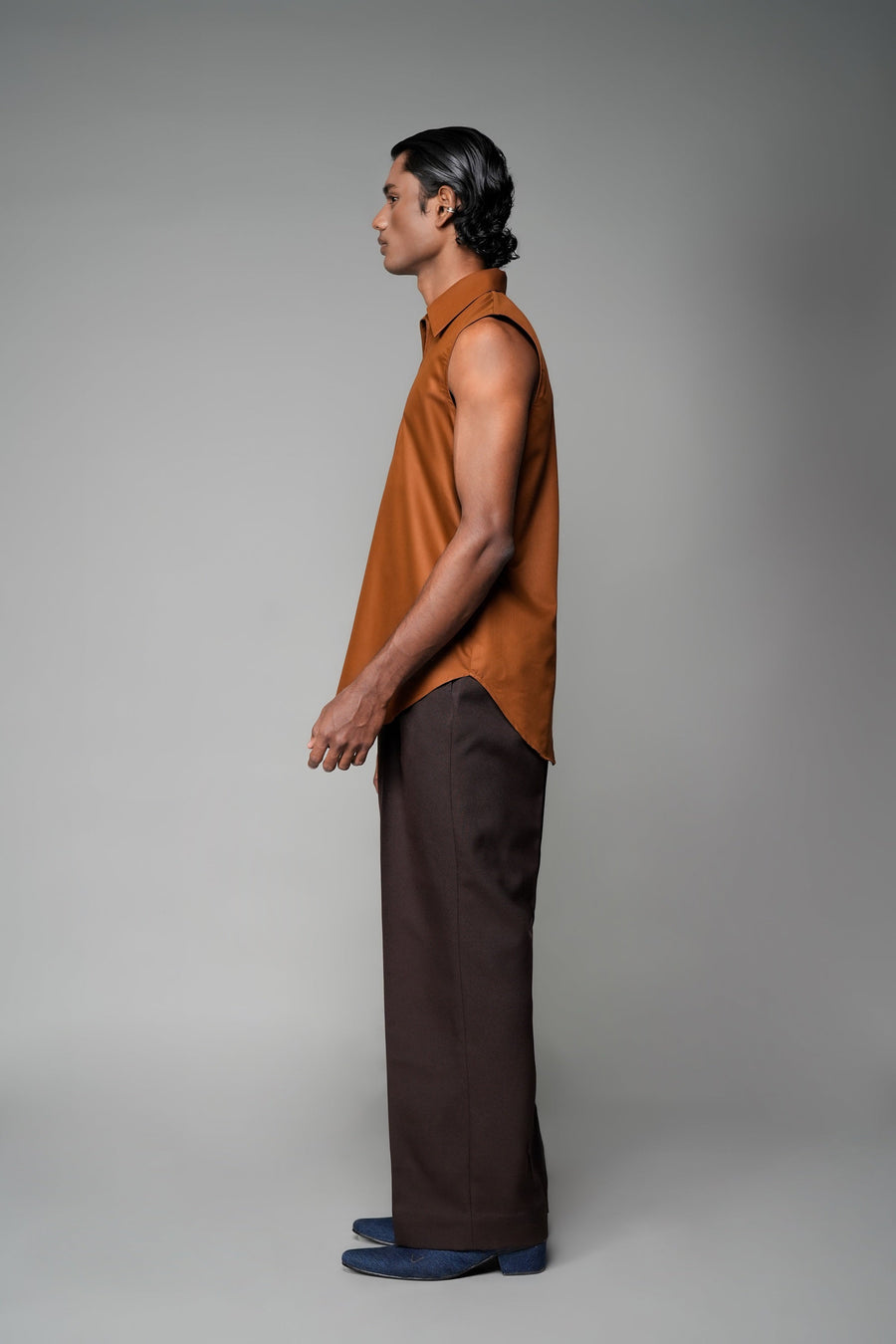 ROSANI The Root shirt in rust - sleeveless vest with deep apple-cut hem and front invisible zip, back view