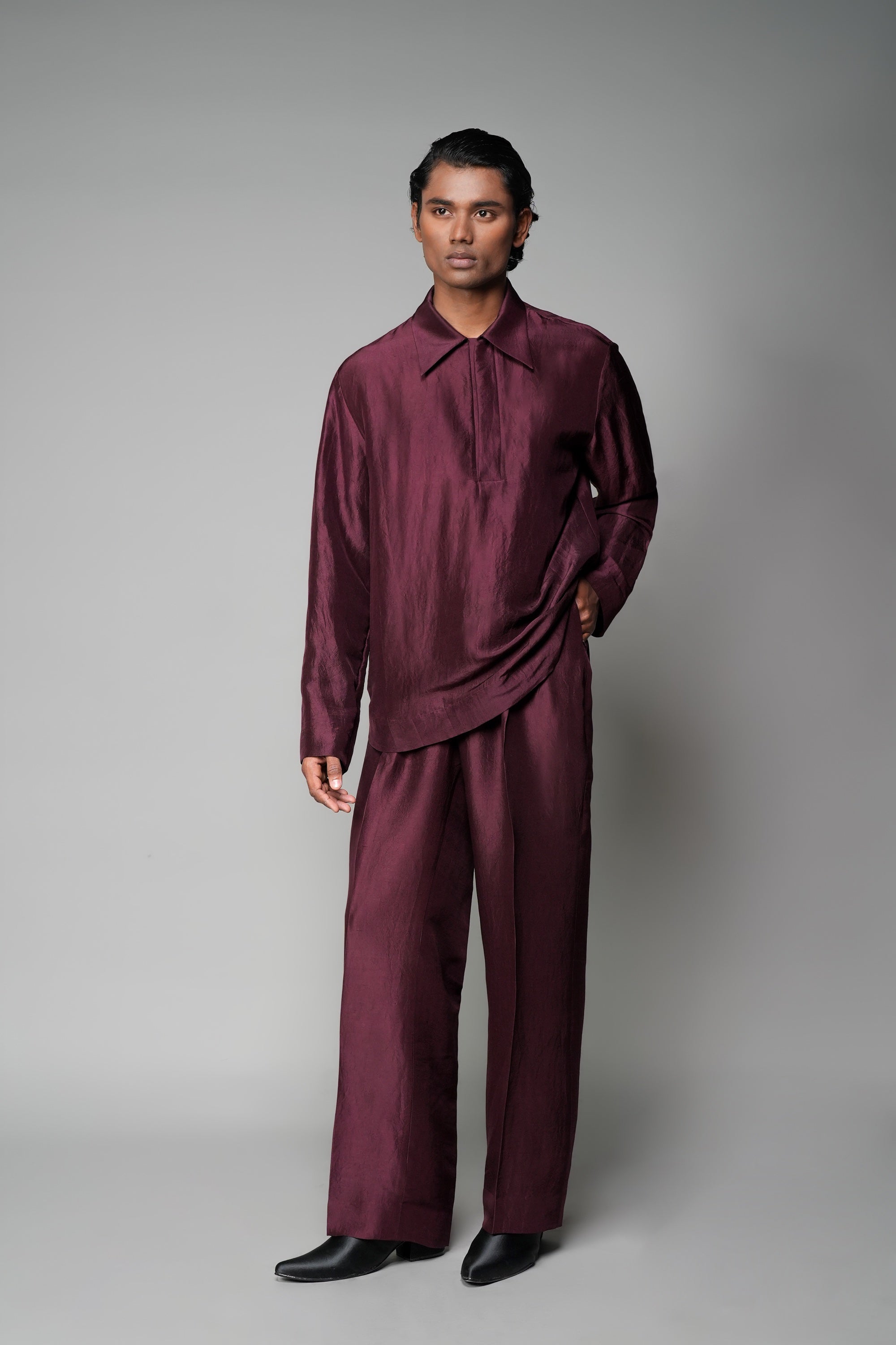 ROSANI The Solace shirt in plum - silk full-sleeve shirt with apple-cut hem, front view