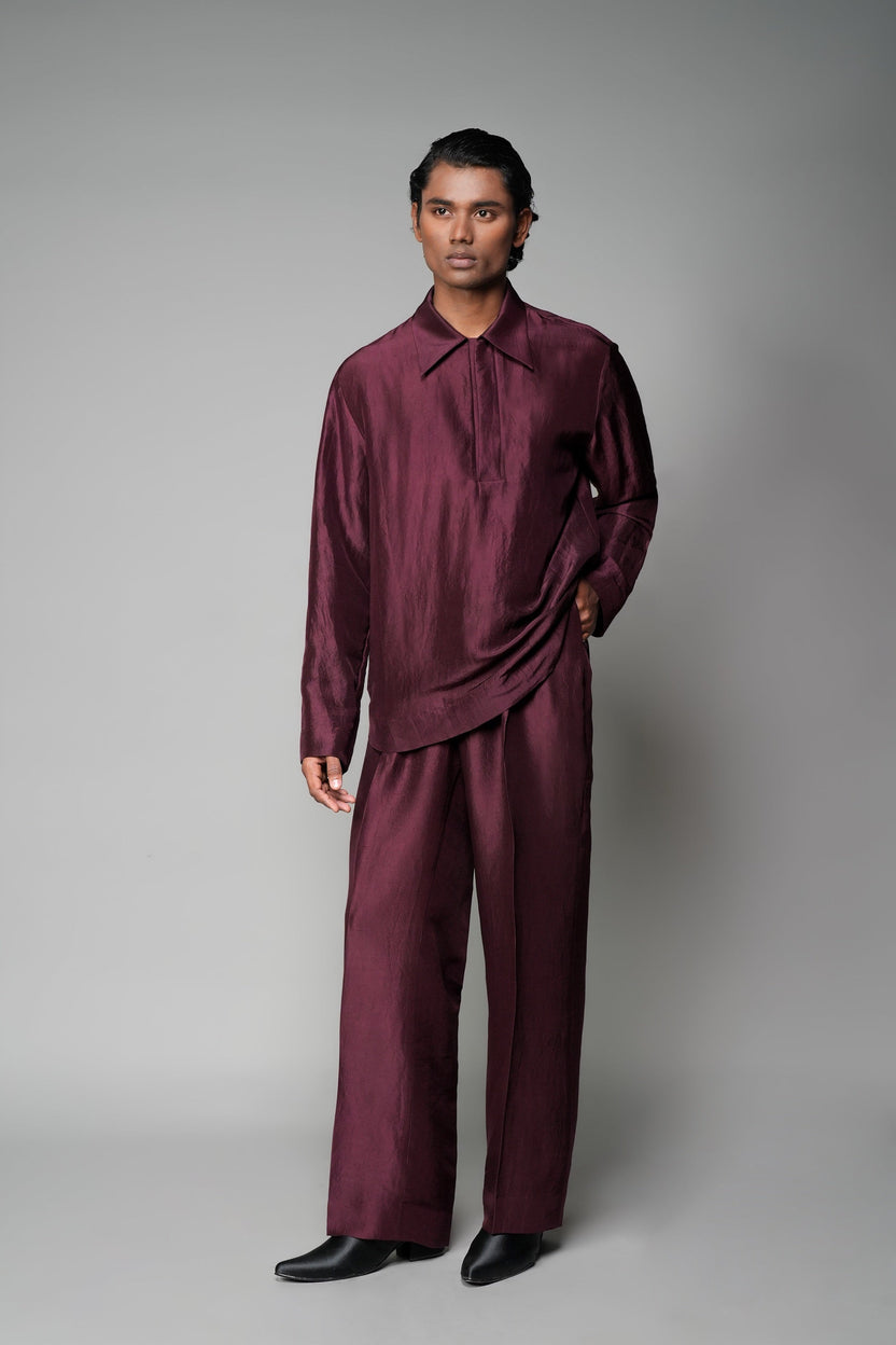 ROSANI The Solace shirt in plum - silk full-sleeve shirt with apple-cut hem, front view