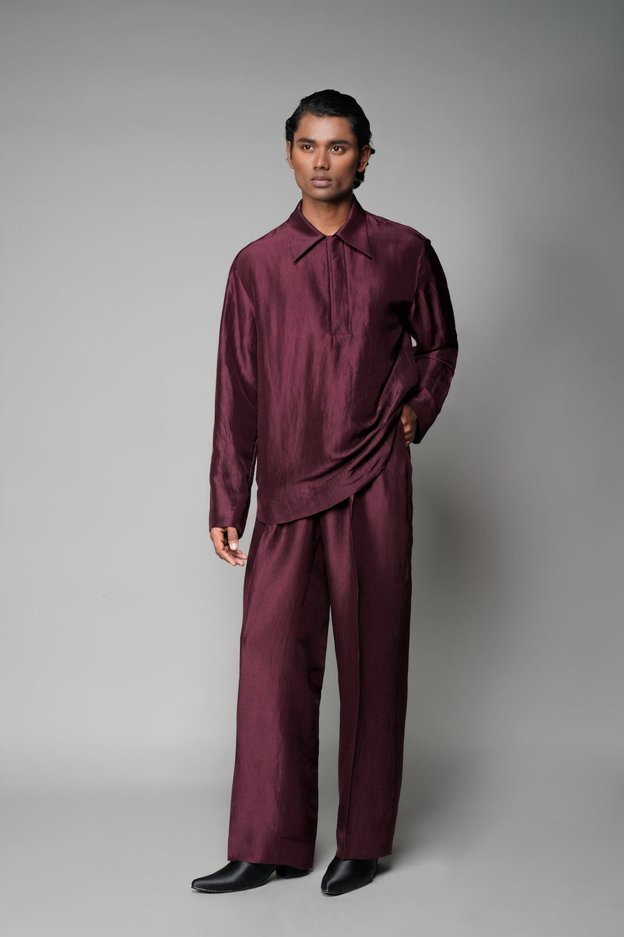 ROSANI The Solace shirt in plum - silk full-sleeve shirt with apple-cut hem, front view