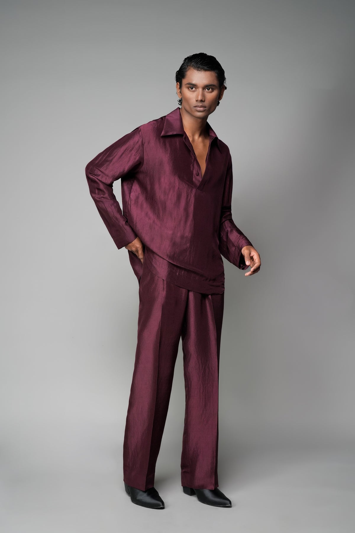 ROSANI The Solace shirt in plum - silk full-sleeve shirt with fabric-covered button placket, front side view