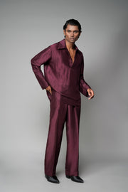 ROSANI The Solace shirt in plum - silk full-sleeve shirt with fabric-covered button placket, front side view