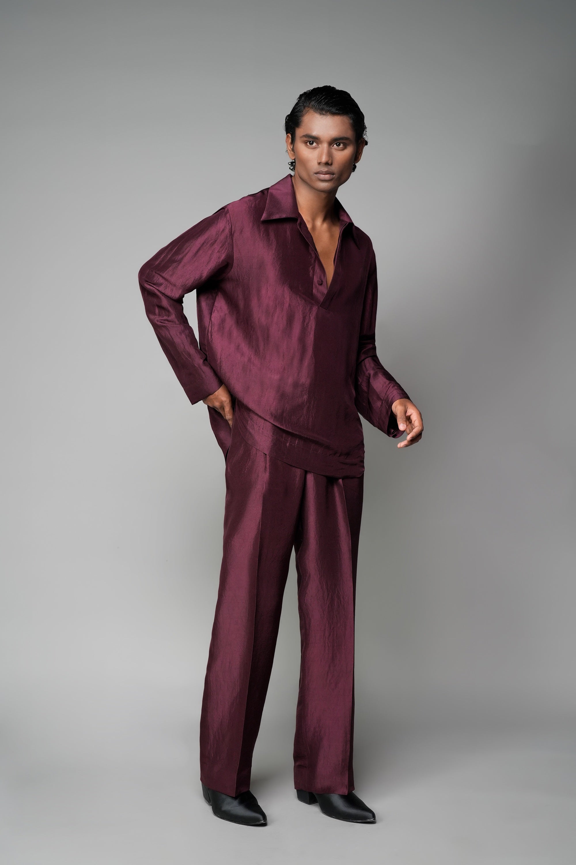 ROSANI The Solace shirt in plum - silk full-sleeve shirt with fabric-covered button placket, front side view