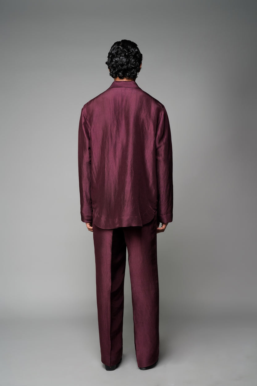 ROSANI The Solace shirt in plum - fabric-covered button placket detail, close-up
