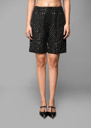 ROSANI The Stone shorts in black - fully embellished shorts with multi-tone metallic surface, front view