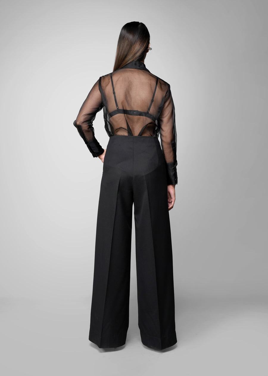 ROSANI The Structure trouser in black - wide-leg trouser with expanded hem and clean waistband, back view