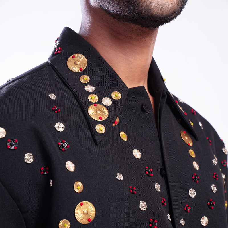 ROSANI The Ameus jacket, three-quarter view. Auratus metallic embroidery across the full body.