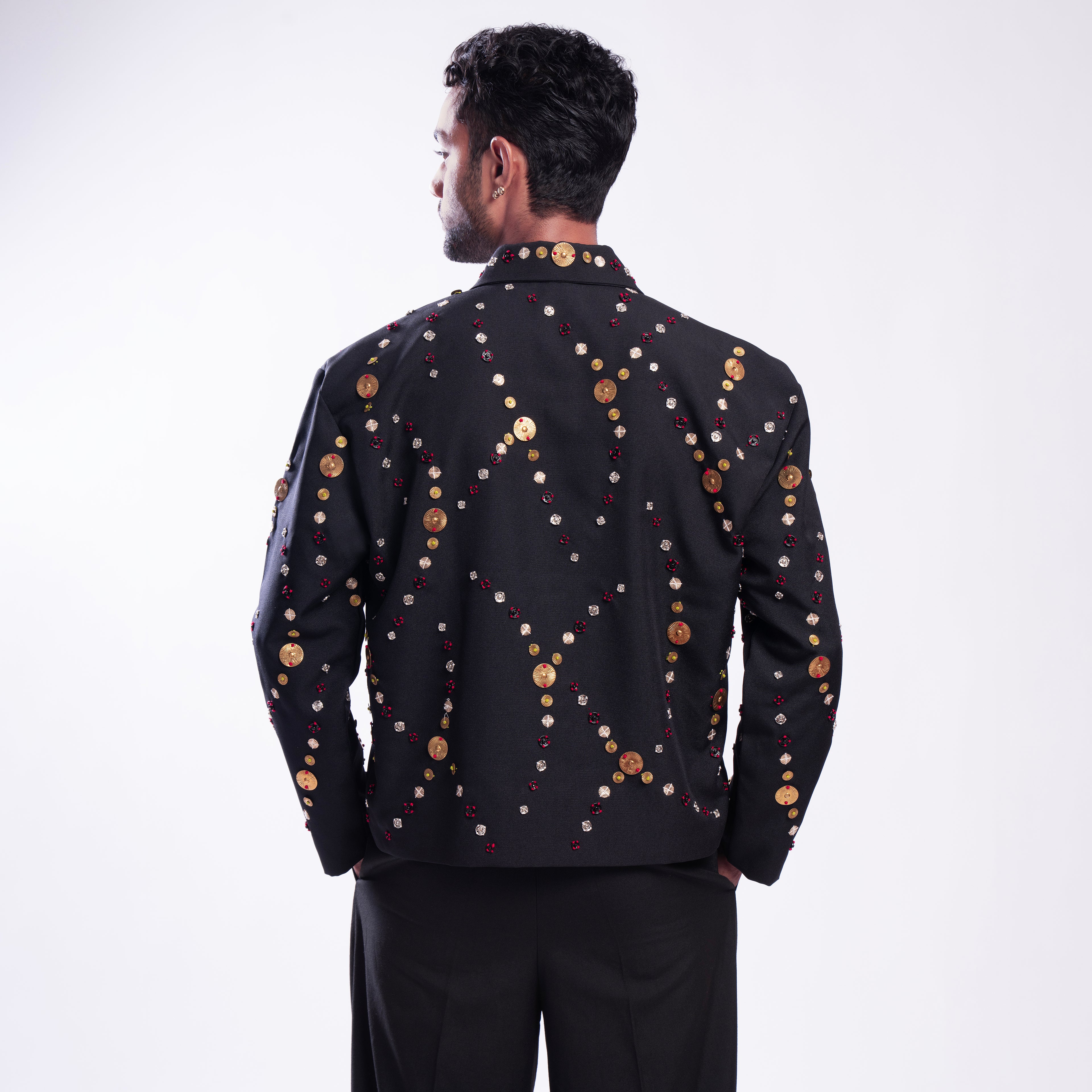 ROSANI The Ameus jacket, back view. Full-body Auratus hand embroidery. DYMENSION collection.