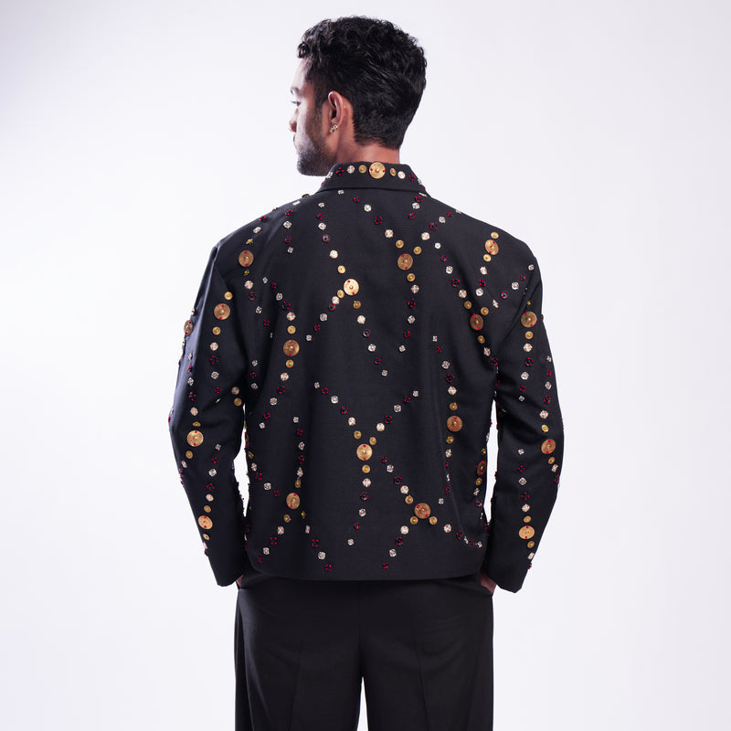 ROSANI The Ameus jacket, back view. Full-body Auratus hand embroidery. DYMENSION collection.