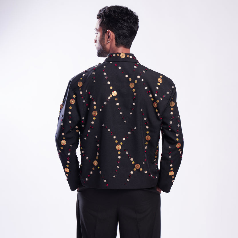 ROSANI The Ameus jacket, back view. Full-body Auratus hand embroidery. DYMENSION collection.
