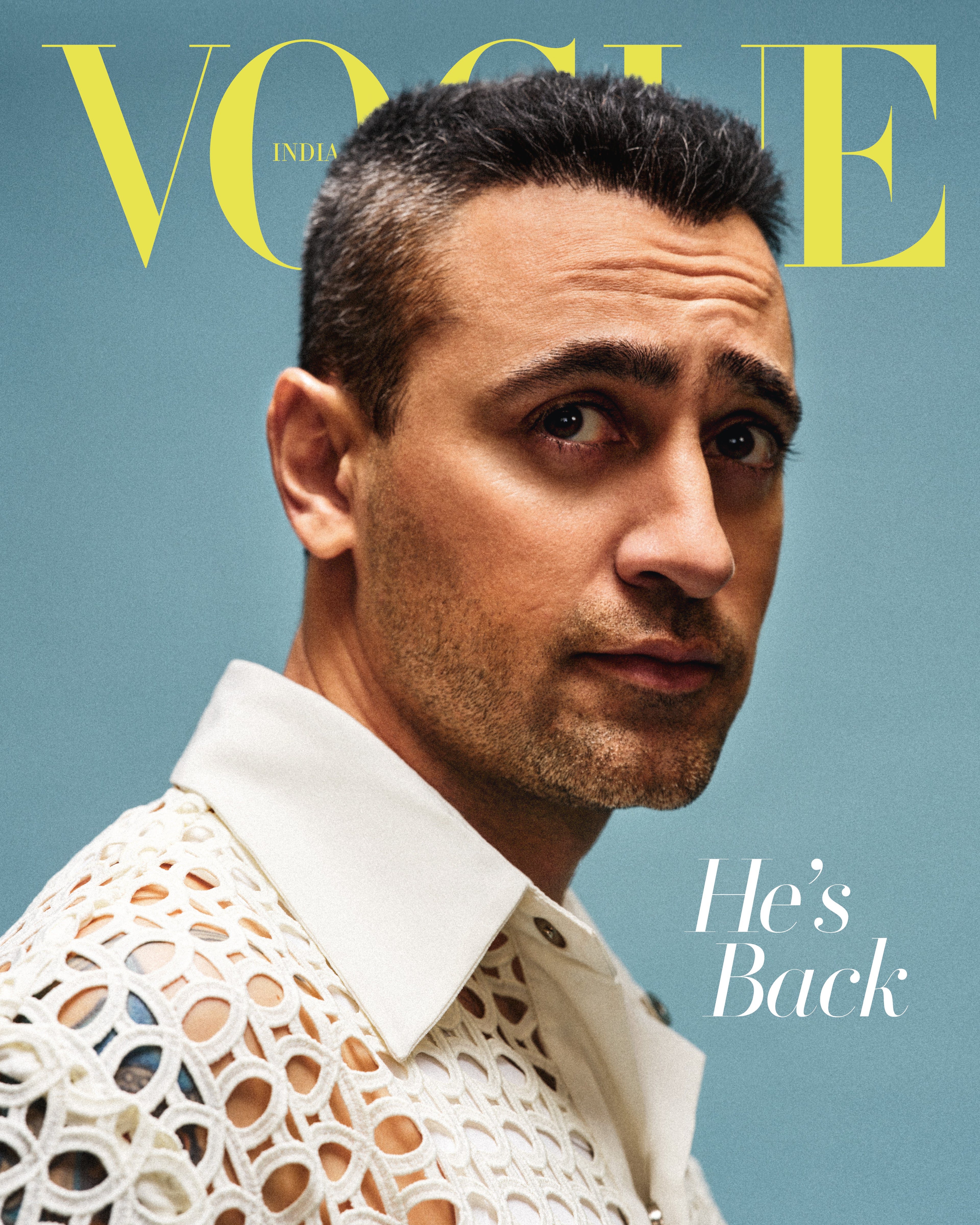 Bollywood actor Imran Khan on a digital cover wearing the ROSANI Luca Shirt, a signature piece of architectural menswear from the brand’s design archive.