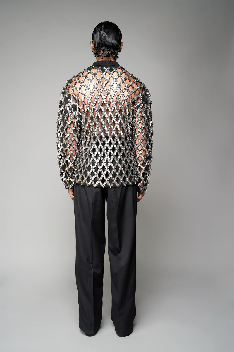 ROSANI The Atrium jacket in silver - all-over embellished cut-out jacket with black collar, back view