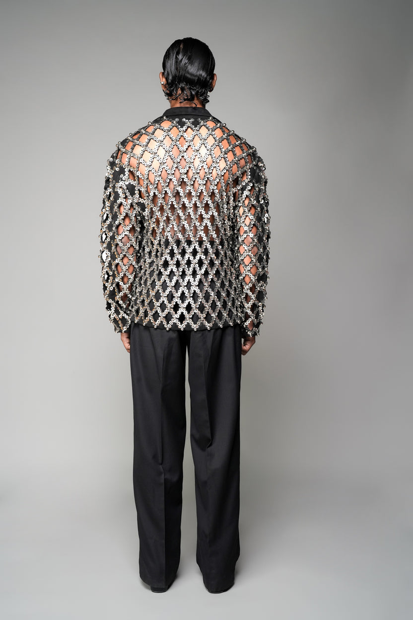 ROSANI The Atrium jacket in black suede - full metallic cut-embroidery jacket, back view