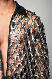 ROSANI The Atrium jacket in black suede - metallic cut-embroidery detail, close-up