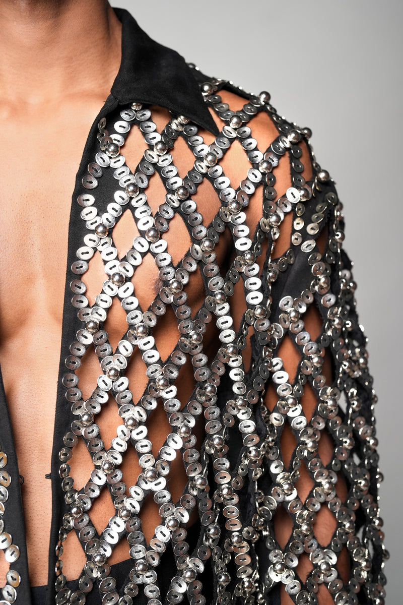 ROSANI The Atrium jacket in silver - all-over embellished cut-out jacket with black collar, detail view