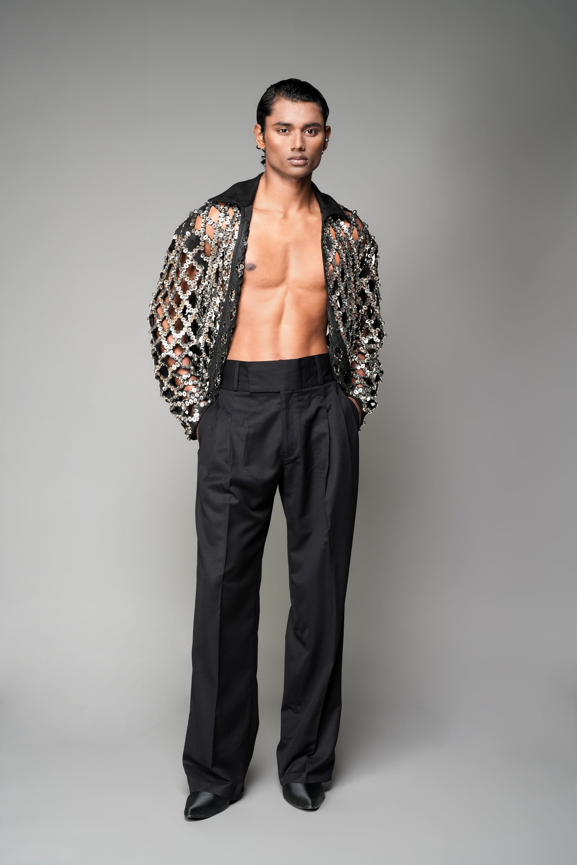 ROSANI The Atrium jacket in black suede - full metallic cut-embroidery jacket, front view