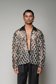 ROSANI The Atrium jacket in black suede - full metallic cut-embroidery jacket, second front view