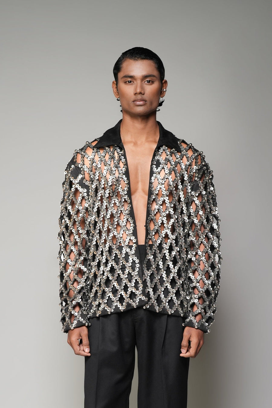 ROSANI The Atrium jacket in black suede - full metallic cut-embroidery jacket, second front view