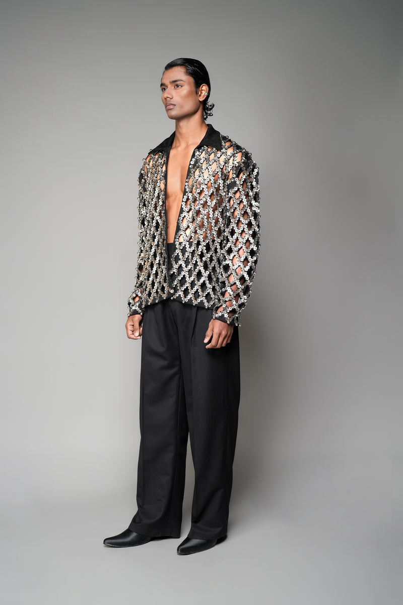 ROSANI The Atrium jacket in silver - all-over embellished cut-out jacket with black collar, front side view