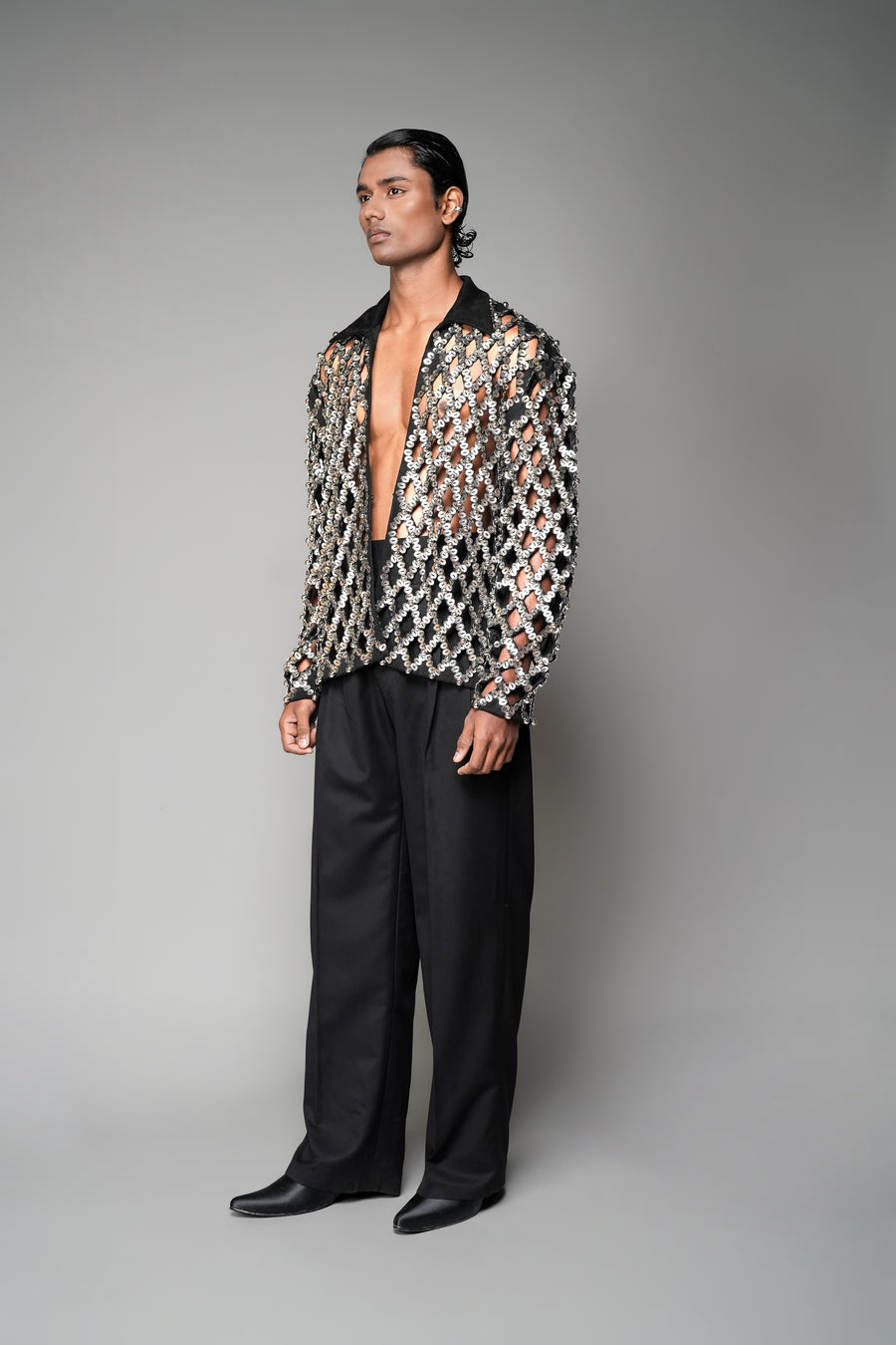 ROSANI The Atrium jacket in black suede - full metallic cut-embroidery jacket, front side view