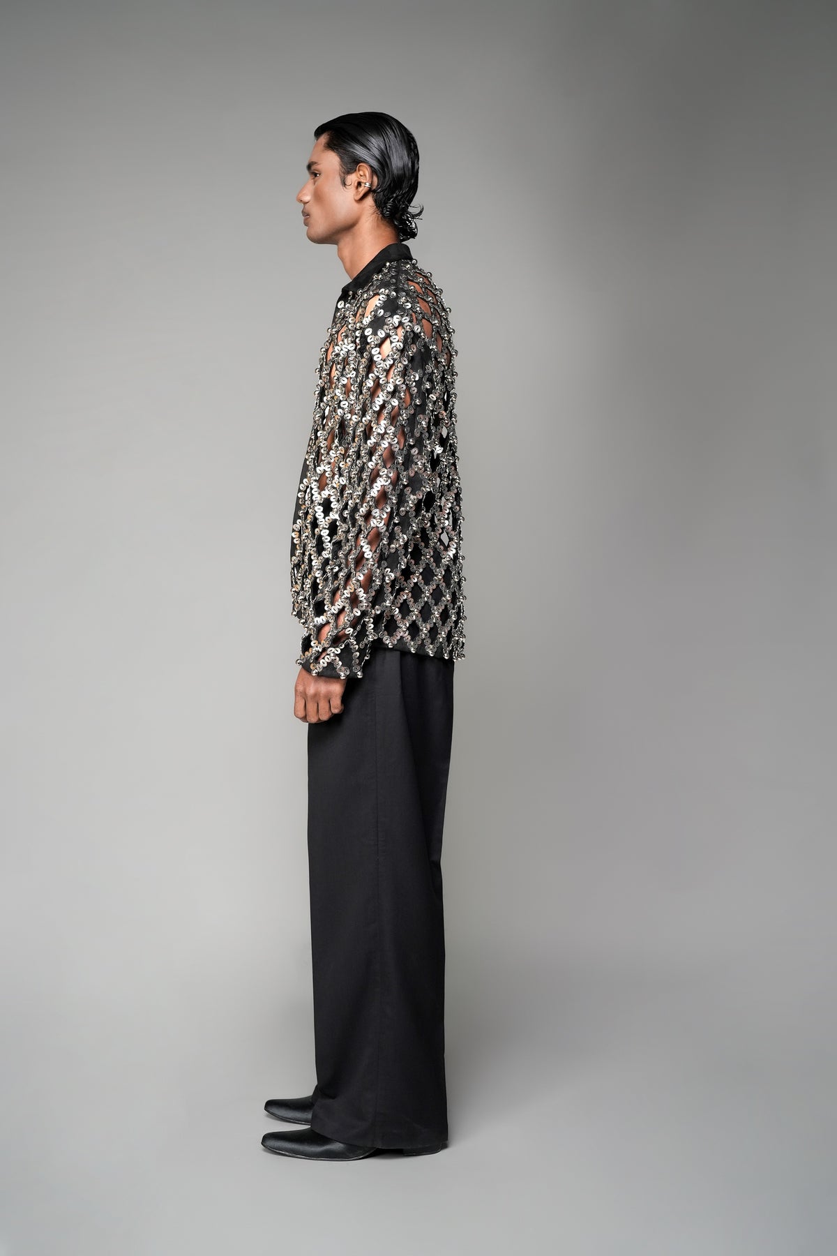 ROSANI The Atrium jacket in black suede - full metallic cut-embroidery jacket, side view