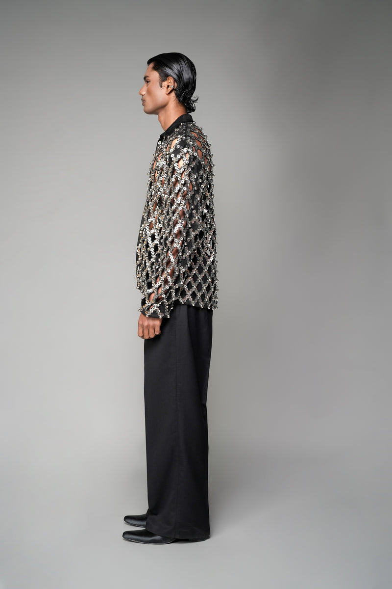 ROSANI The Atrium jacket in silver - all-over embellished cut-out jacket with black collar, side view