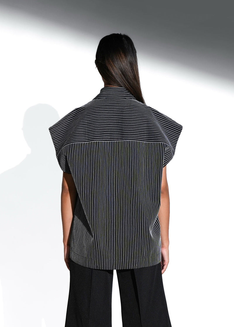 ROSANI The Auralis shirt in black - oversized sleeveless collared shirt with fine hand embroidered vertical stripes and clean straight hem, back view