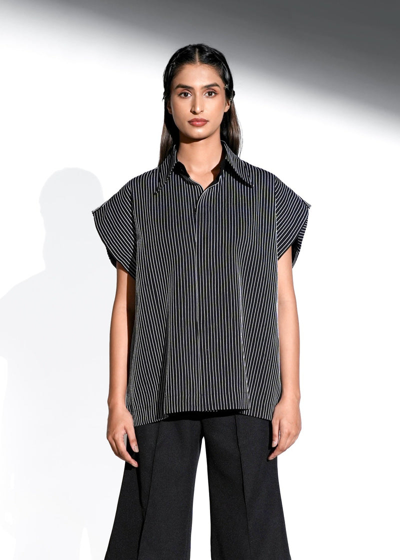 ROSANI The Auralis shirt in black - oversized sleeveless collared shirt with fine hand embroidered vertical stripes and clean straight hem, front view