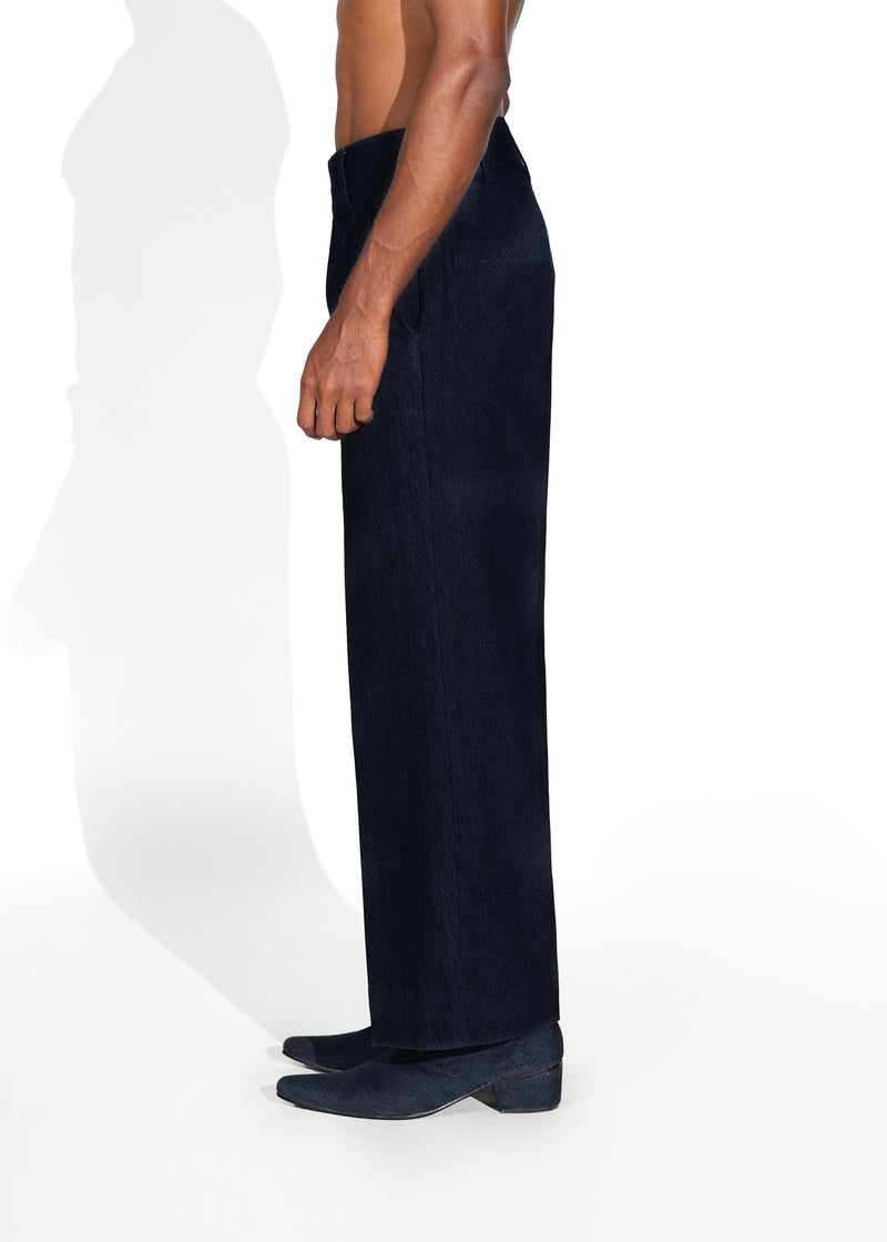 ROSANI The Axis jeans in dark indigo denim - mid-rise straight-leg jeans with subtle flare and clean front seam detailing, side view