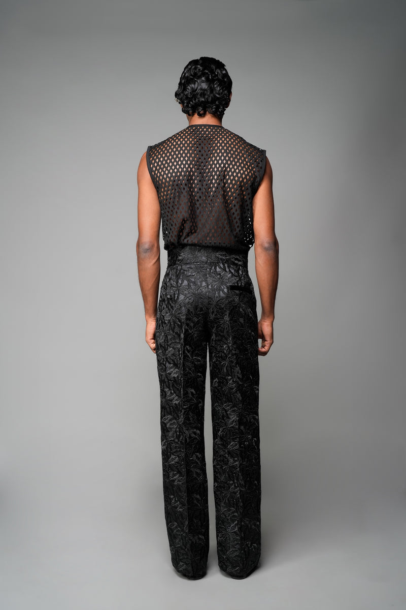 ROSANI The Cavora trouser in black - high-waisted tailored trousers in a textured floral jacquard with straight-leg fit, back view
