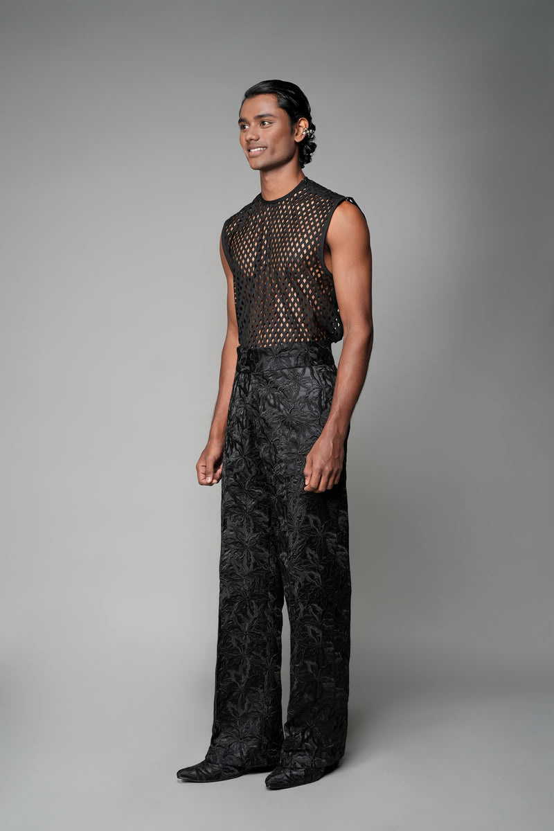 ROSANI The Cavora trouser in black - high-waisted tailored trousers in a textured floral jacquard with straight-leg fit, front side view