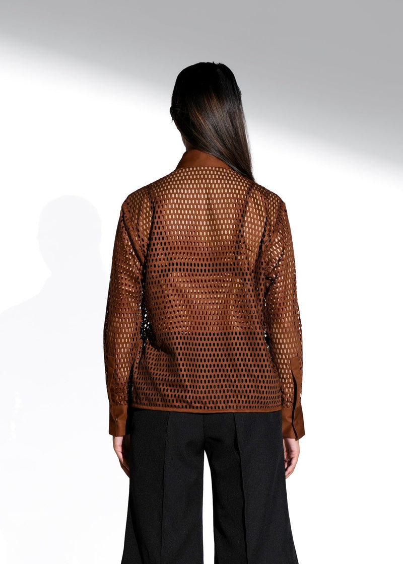 ROSANI The Celara shirt in rust brown - laser-cut button-up shirt with pointed collar, long sleeves and relaxed fit, back view
