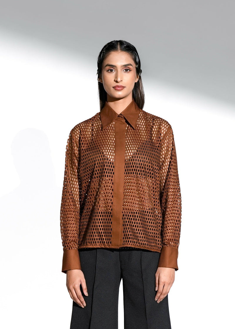 ROSANI The Celara shirt in rust brown - laser-cut button-up shirt with pointed collar, long sleeves and relaxed fit, front view