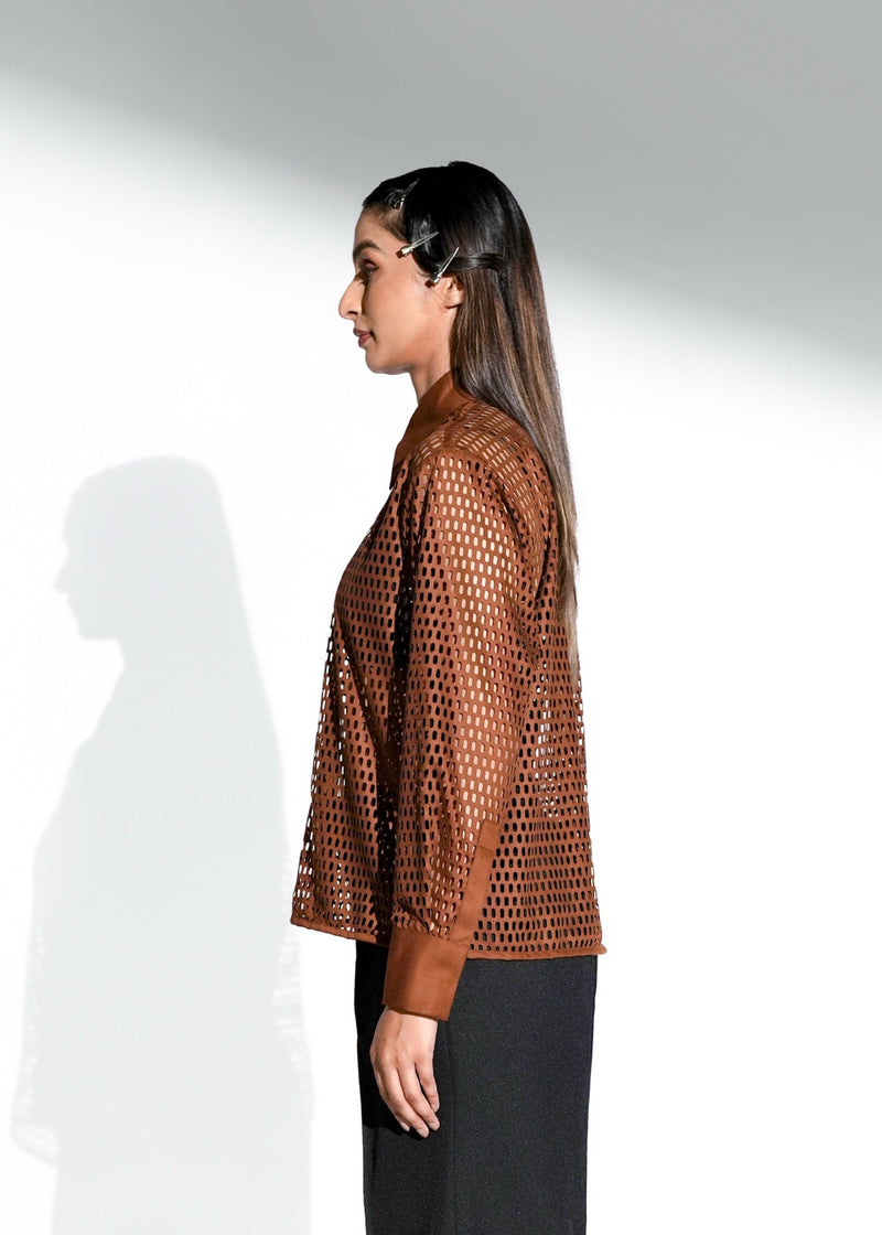 ROSANI The Celara shirt in rust brown - laser-cut button-up shirt with pointed collar, long sleeves and relaxed fit, side view