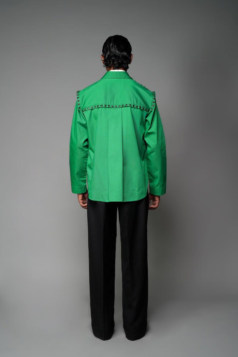 ROSANI The Chamber shirt in green - long-sleeve button-up shirt with shoulder strap eyelet detailing and relaxed fit, back view