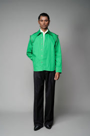 ROSANI The Chamber shirt in green - long-sleeve button-up shirt with classic collar and studded shoulder detailing, front view