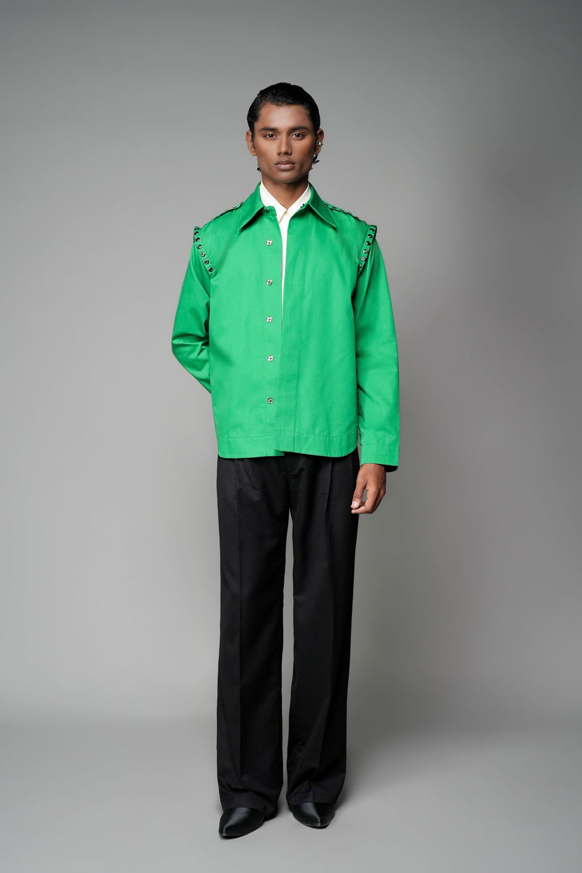 ROSANI The Chamber shirt in green - long-sleeve button-up shirt with classic collar and studded shoulder detailing, front view