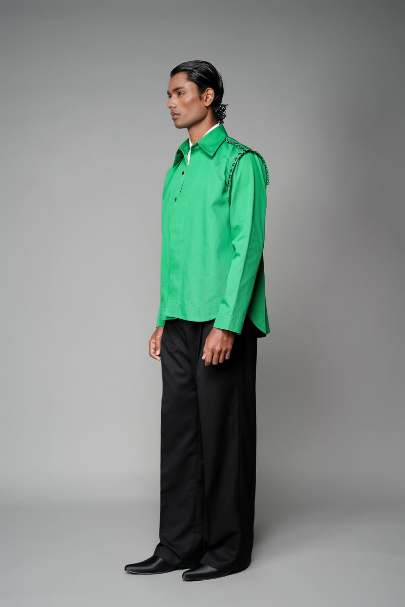 ROSANI The Chamber shirt in green - long-sleeve button-up shirt with shoulder strap eyelet detailing and relaxed fit, side view