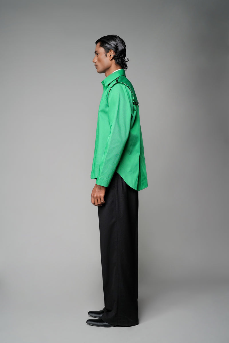ROSANI The Chamber shirt in green - long-sleeve button-up shirt with shoulder strap eyelet detailing and relaxed fit, side view