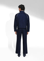 ROSANI The Cloister jacket in midnight denim - cropped raglan-sleeve jacket with metallic seam accents, back view